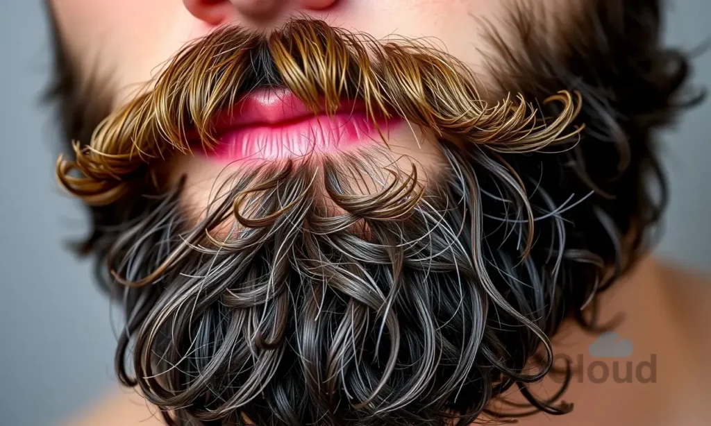 A close-up, detailed image of a man's beard after washing. The beard should appear slightly damp and have a subtle sheen. Focus on the texture of the hair and the way it catches the light. The background should be blurred and neutral, emphasizing the beard.