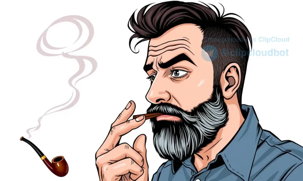 A man with a beard holding his nose in disgust, showing visible smoke residue on his beard and hair, with a tabak (tobacco) pipe or cigarette nearby, clean background, realistic illustration