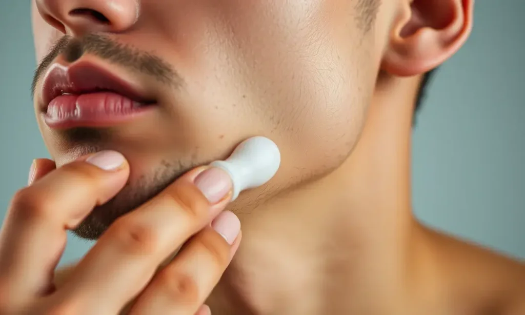 A close-up, high-quality shot of a man's face showing the results of proper post-shave care. The skin on his cheeks and neck should appear smooth, hydrated, and free of irritation, with a healthy, natural glow. He should be gently applying a clear, soothing balm or serum to his jawline. The lighting is soft and even, highlighting the texture of the skin and the product. The overall mood is one of calm and effective grooming.