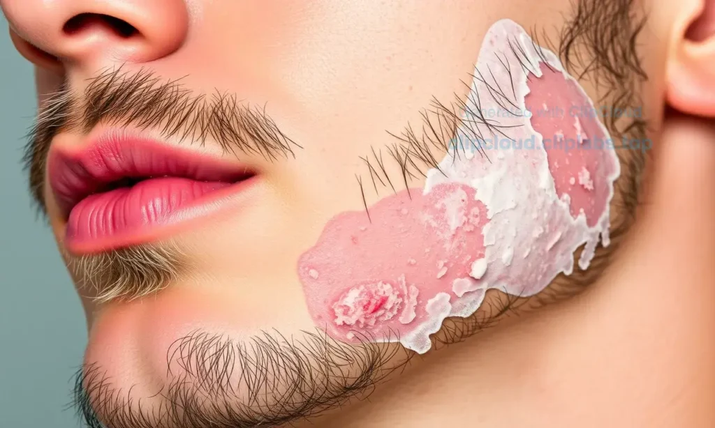 A close-up of a man's face showing dry, flaky skin on his chin and jawline after shaving, with visible peeling patches and irritation around the beard area, realistic skin texture, natural lighting, detailed facial features, no text or symbols