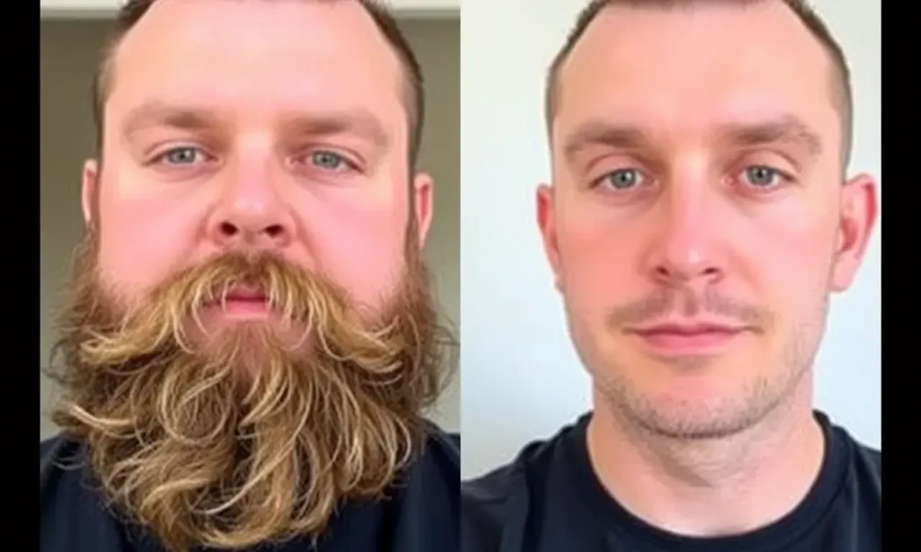 A split image. On the left, a man with a full, thick beard. On the right, a man with a closely shaved face and a short stubble. The background should be neutral and uncluttered, perhaps a plain wall or a simple studio setting. The lighting should be even and natural.