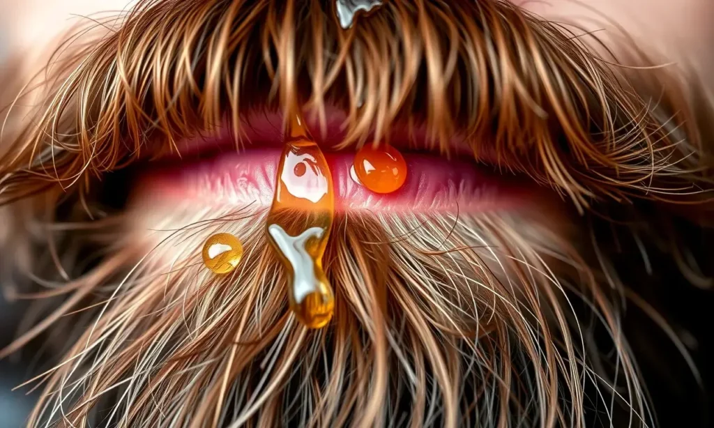 A close-up of a well-groomed man's beard with visible oil droplets that are not absorbed, showing a shiny oily surface on the beard hair and skin, realistic texture, natural lighting, no text or symbols on the image