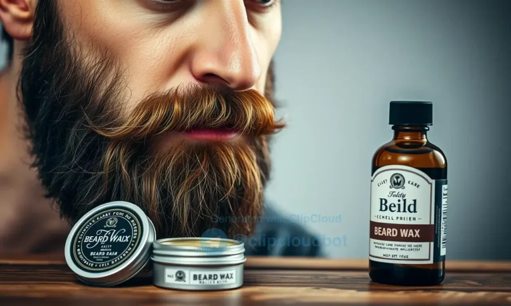 A high-quality, close-up shot of a man's face with a well-groomed beard, demonstrating the application of beard care products. The image should clearly show two distinct products: a small tin of beard wax and a bottle of beard balm, placed next to each other on a wooden surface. The man should be looking at the products with a thoughtful expression, highlighting the difference between the two for daily care. The lighting should be soft and natural, emphasizing the texture of the beard and the pa