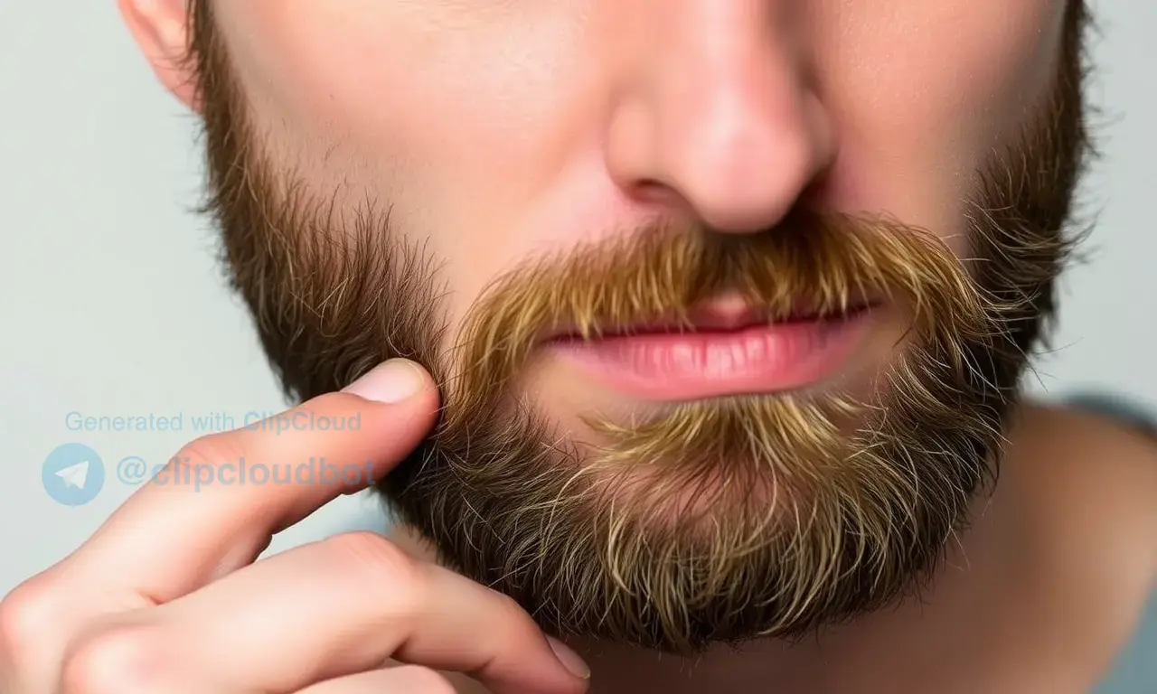 A close-up of a man with a new beard, showing the texture and redness of the skin underneath. The beard is short and stubbly, indicating it is newly grown. The man appears to be gently scratching his beard with a slight expression of discomfort on his face. The background is neutral and blurred to keep the focus on the beard and the man's expression.