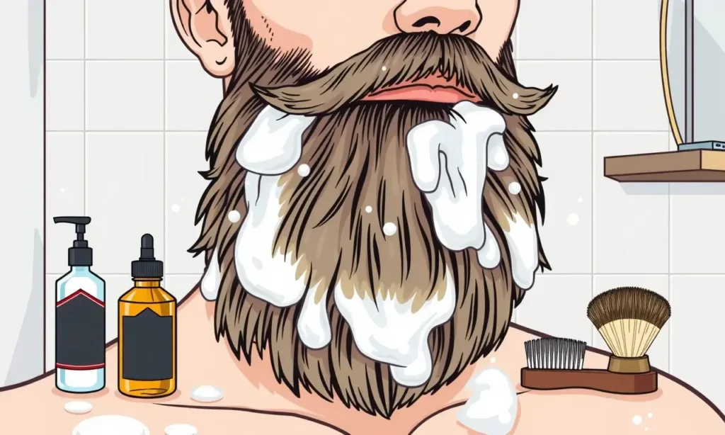 A detailed illustration of a man with a thick, well-groomed beard. The beard is being washed with a luxurious lather of beard shampoo, highlighting the process of cleansing. Various beard care products are displayed around him, including a bottle of beard shampoo, beard oil, and a beard brush. The scene is set in a modern bathroom with a clean, minimalist design. The focus is on the beard care routine and the different types of beard care products.