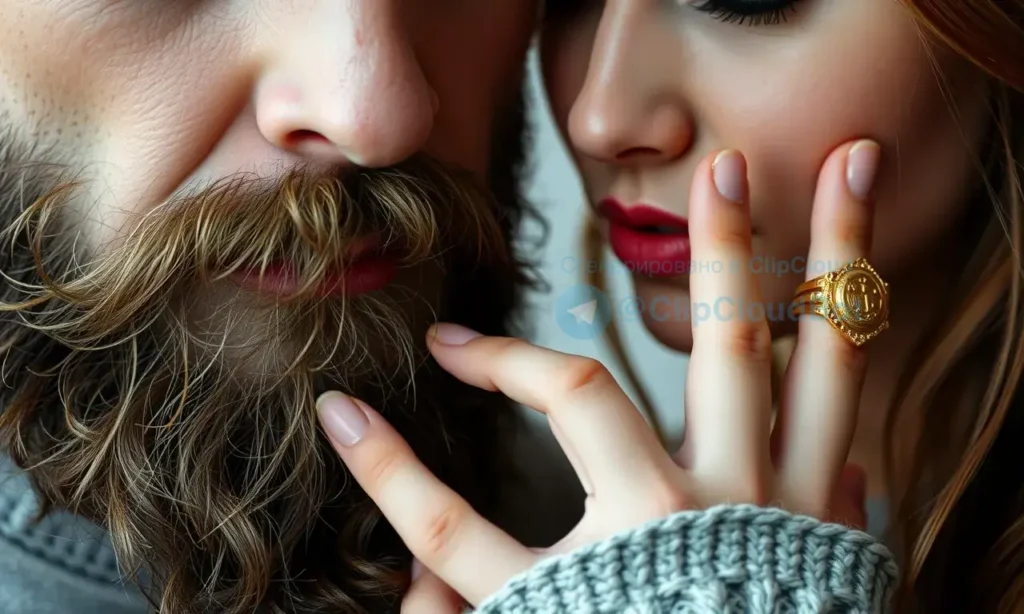 A close-up, realistic image depicting a woman gently touching a man's beard. The man has a full, slightly coarse beard. The woman's expression is soft and concerned. Focus on the texture of the beard and the subtle interaction between the woman's hand and the beard. The background is blurred and neutral, suggesting intimacy and care.
