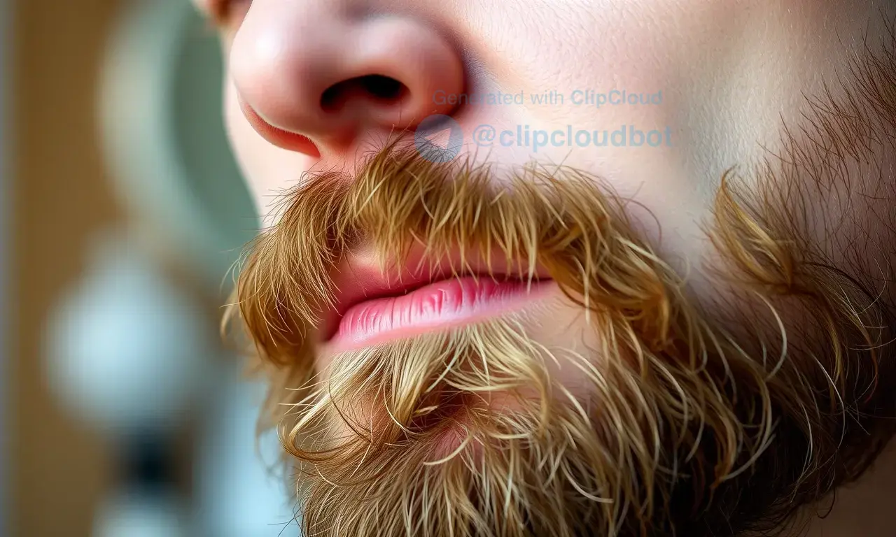 A close-up of a man's face showing a rough, stiff beard with visible irritation and slight redness on the skin, soft natural lighting, realistic skin texture, no makeup, no salon tools or products visible, focus on the beard hairs appearing coarse and prickly, subtle background blur to emphasize facial details
