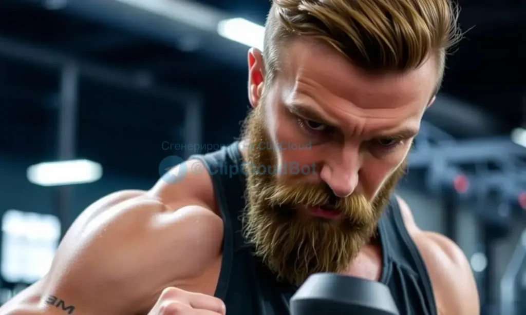 A man with a well-groomed beard is exercising intensely, sweating, and wearing athletic clothing. He is focused and determined. The background is a gym setting with exercise equipment.