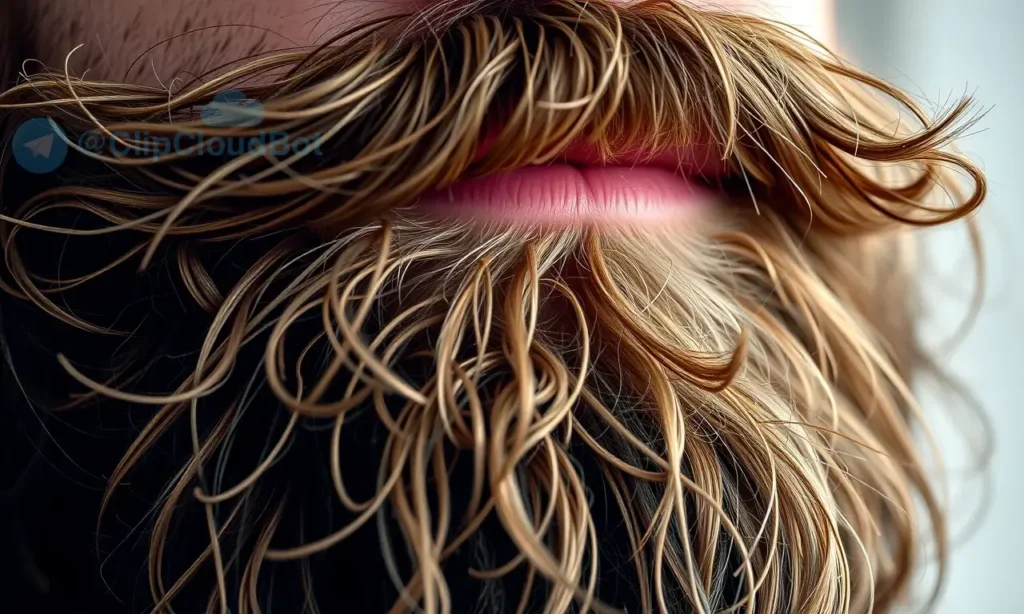 A close-up shot of a man's beard, showing it is tangled and forming knots. The beard is thick and full. Focus on the texture and complexity of the tangles.