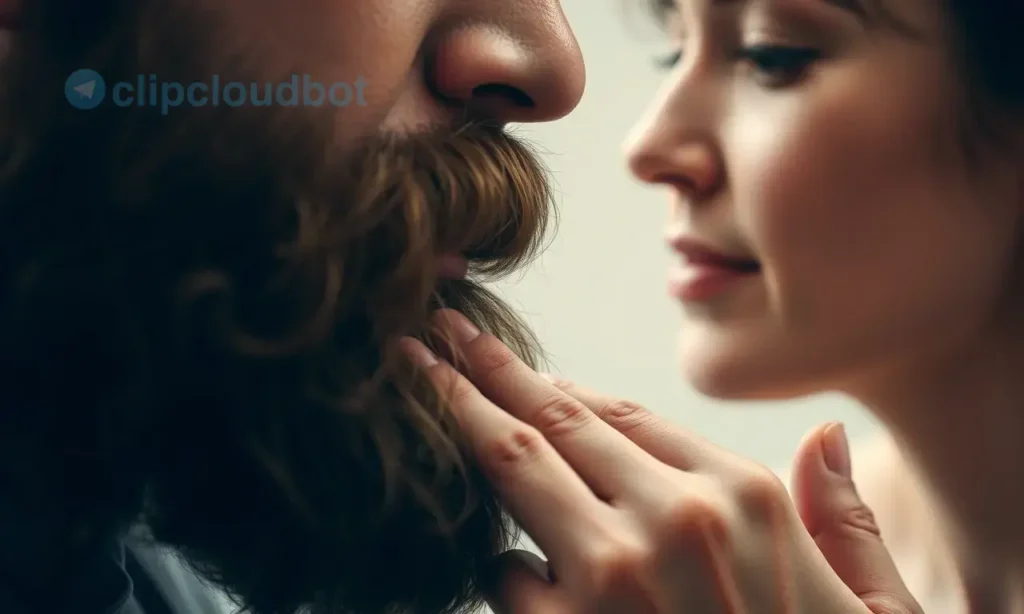 A close-up, realistic image depicting a woman gently touching a man's beard. The man has a full, slightly coarse beard. The woman's expression is soft and caring. Focus on the texture of the beard and the gentle interaction. Soft, diffused lighting.