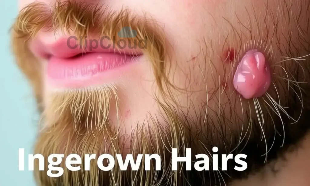 A close-up of a man's beard with visible ingrown hairs, showing redness, irritation, and small bumps. The skin around the beard should appear slightly inflamed, with some hairs growing inward. The image should focus on the texture and details of the beard and skin, highlighting the problem of ingrown hairs without any text or numbers.