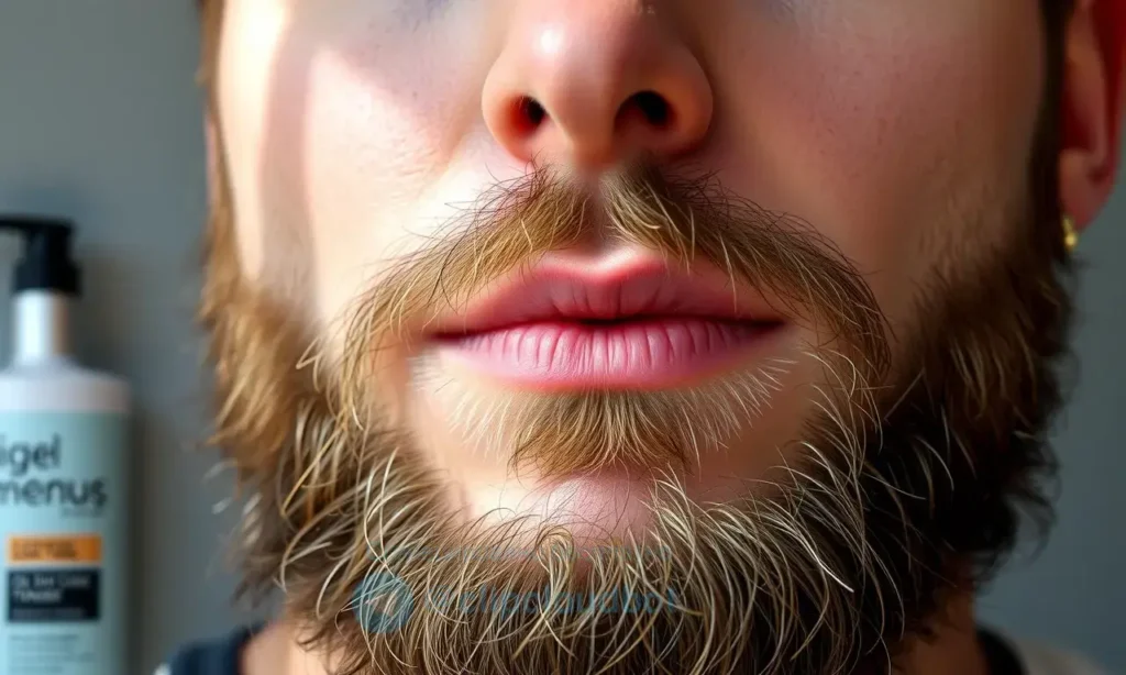 A close-up of a man's face with a well-groomed beard, showing oily skin underneath the beard, with a subtle shine on the skin, clean and fresh appearance, natural lighting, dermatologically balanced skincare routine elements like a gentle cleanser and toner subtly visible in the background, no visible acne or irritation