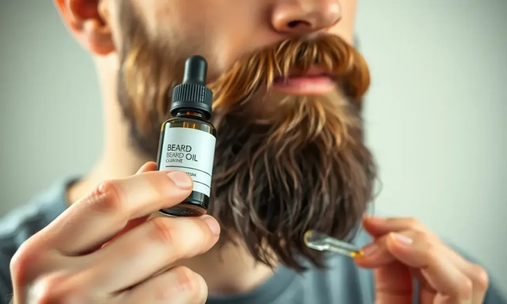 A close-up, high-quality shot of a man with a well-groomed beard applying beard oil. He is holding a small dropper bottle and carefully applying the oil to his beard. The focus is on the action of application, highlighting the texture of the beard and the clarity of the oil. The background is softly blurred to keep the attention on the subject.