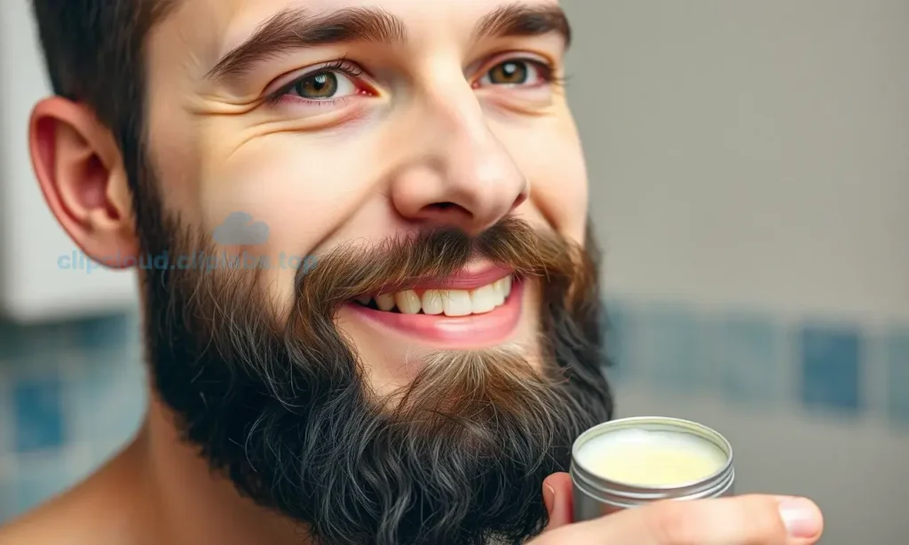 A close-up portrait of a man with a well-groomed, fresh-looking beard. He is smiling gently, holding a small, open tin of beard balm or oil. The background is a soft, neutral blur, suggesting a clean bathroom or grooming space. The lighting is bright and even, highlighting the texture of the beard and the product.