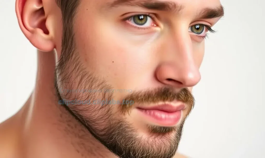 A clean, well-lit close-up of a man's face with a neatly trimmed beard, focusing on the skin texture around the jawline and cheeks. The skin should appear clear and healthy, without visible acne or excessive oiliness, to illustrate the concept of suitable beard care for acne-prone skin. The background is a soft, neutral gradient to keep the focus on the subject.