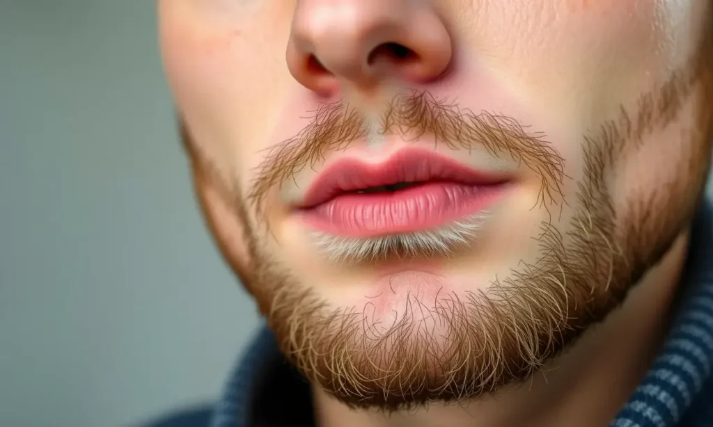 Close-up portrait of a man with a neatly trimmed beard. The focus is on the skin under the beard, showing subtle signs of irritation or congestion. The lighting is soft and natural, highlighting the texture of the skin. The background is blurred and neutral.
