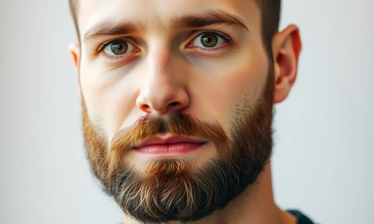 A close-up portrait of a man with a neatly trimmed beard, showcasing the texture and detail of the facial hair. The man has a neutral expression, looking directly at the camera. The lighting is soft and even, highlighting the beard's nuances.