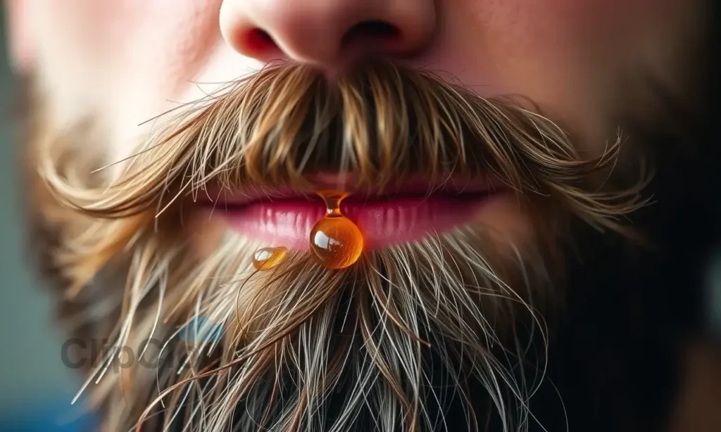 A close-up, detailed image of a man's beard with a few drops of beard oil glistening on the hair. The beard is well-groomed and healthy-looking. Soft, natural lighting.