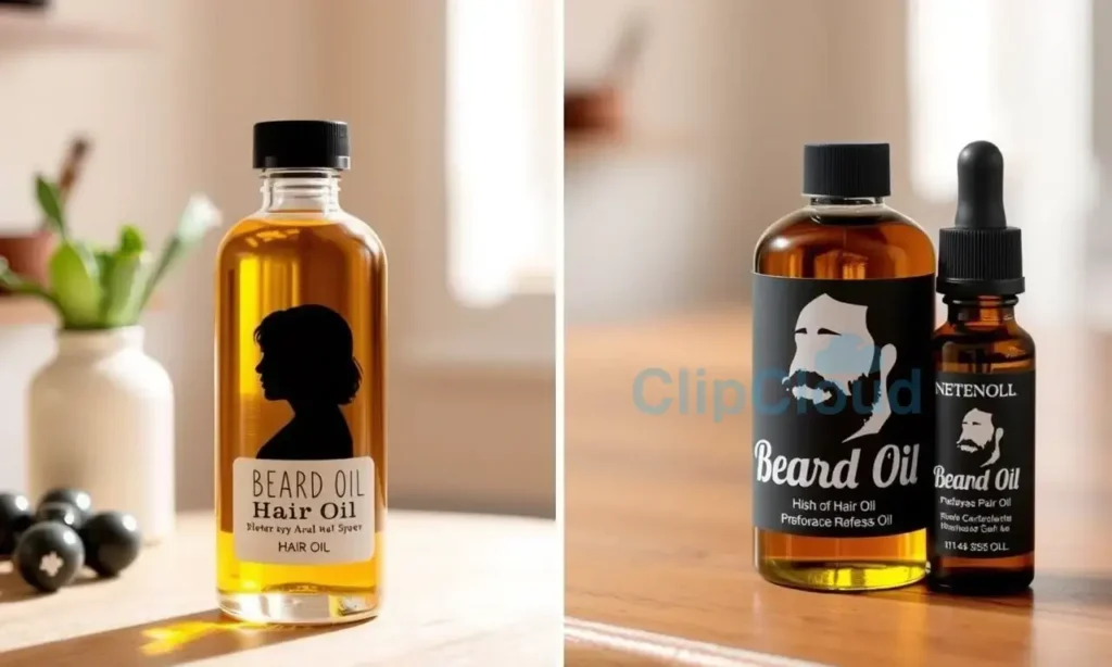 A split-screen comparison image showing a bottle of hair oil on the left and a bottle of beard oil on the right. The hair oil bottle is labeled with a woman's silhouette, while the beard oil bottle is labeled with a man's beard silhouette. Both bottles are placed on a wooden surface with soft, natural lighting. The background is blurred to keep the focus on the products.
