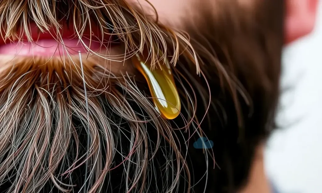 A close-up of a man's beard with a few strands of hair visibly coated in hair oil, showing the texture and shine of the oil on the facial hair. The background is neutral and blurred to focus on the beard and oil application.