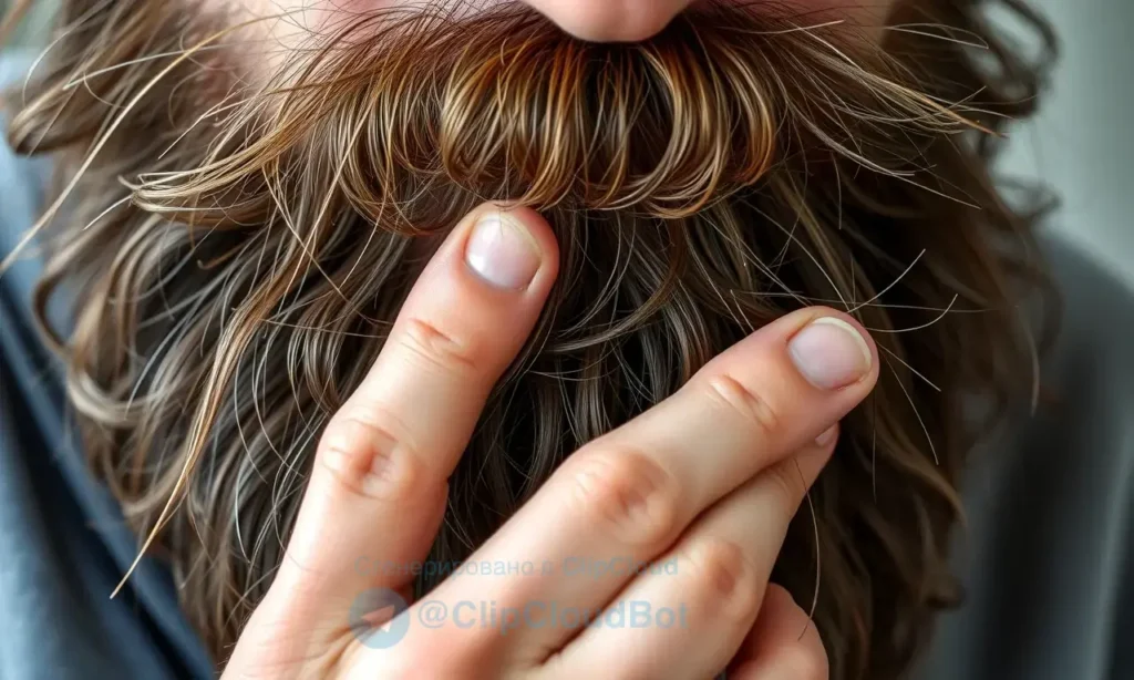 A close-up, detailed image of a man's beard being gently untangled. The beard is thick and slightly messy, with visible strands. Hands are delicately working to separate the knots and tangles. Soft, natural lighting highlights the texture of the beard and the hands. Focus on the process of detangling, emphasizing care and precision.