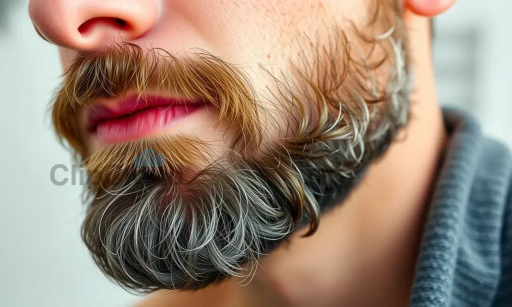 Close-up image of a man with a beard, focusing on the skin under the beard. The skin should show subtle signs of dryness and flaking, but not excessively. The lighting should be soft and natural, highlighting the texture of the skin. The background should be blurred and neutral, perhaps a bathroom setting.