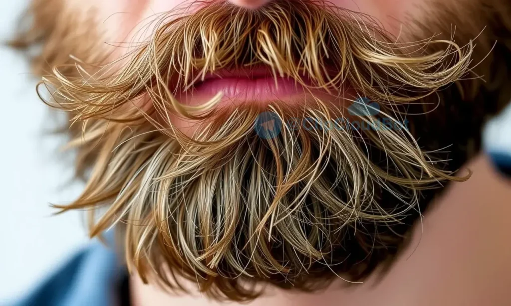 A close-up, detailed image of a man's beard with varying lengths and textures. Some hairs should be thick and bushy, others thin and wispy. The beard should appear slightly unkempt but natural, with a mix of directions. Focus on the texture and individual strands of hair.