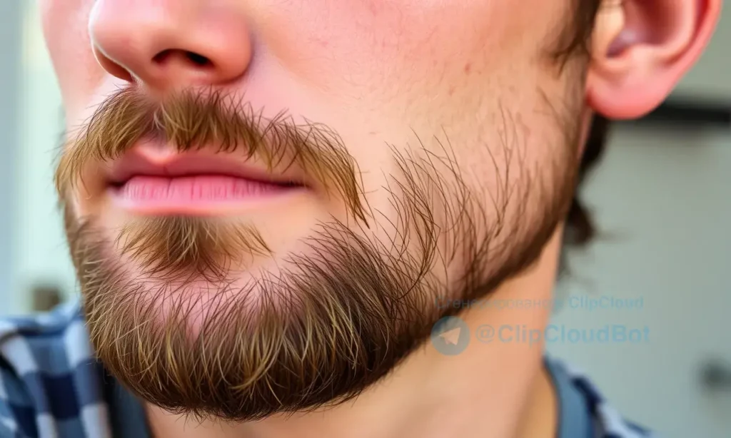 A close-up image of a man with a well-groomed beard and acne-prone skin. The beard is neatly trimmed, and the skin shows visible blemishes. Soft, natural lighting.