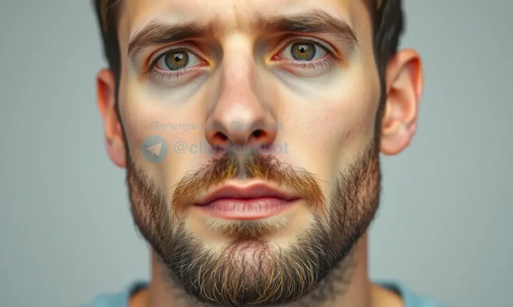 A close-up, high-quality photograph of a man's face, focusing on the area under his beard. The skin in this region appears slightly red and irritated, indicating a reaction. The man has a neutral, concerned expression. The lighting is soft and natural, highlighting the texture of the skin and the beard. The background is a simple, out-of-focus neutral color to keep the focus on the subject.