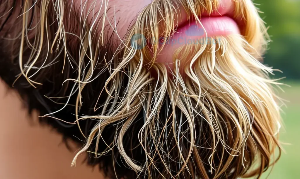 A close-up of a man's beard showing signs of dryness, brittleness, and dullness, with individual hairs appearing frayed and lacking shine, against a soft natural background to emphasize texture and condition