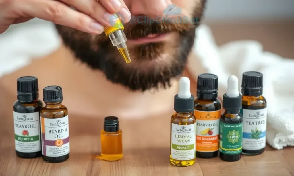 A clean, natural beard with a few drops of oil being gently applied, surrounded by small bottles of safe beard oils labeled with natural ingredients like jojoba, argan, and tea tree oil, on a wooden surface with soft daylight, minimalistic and hygienic aesthetic
