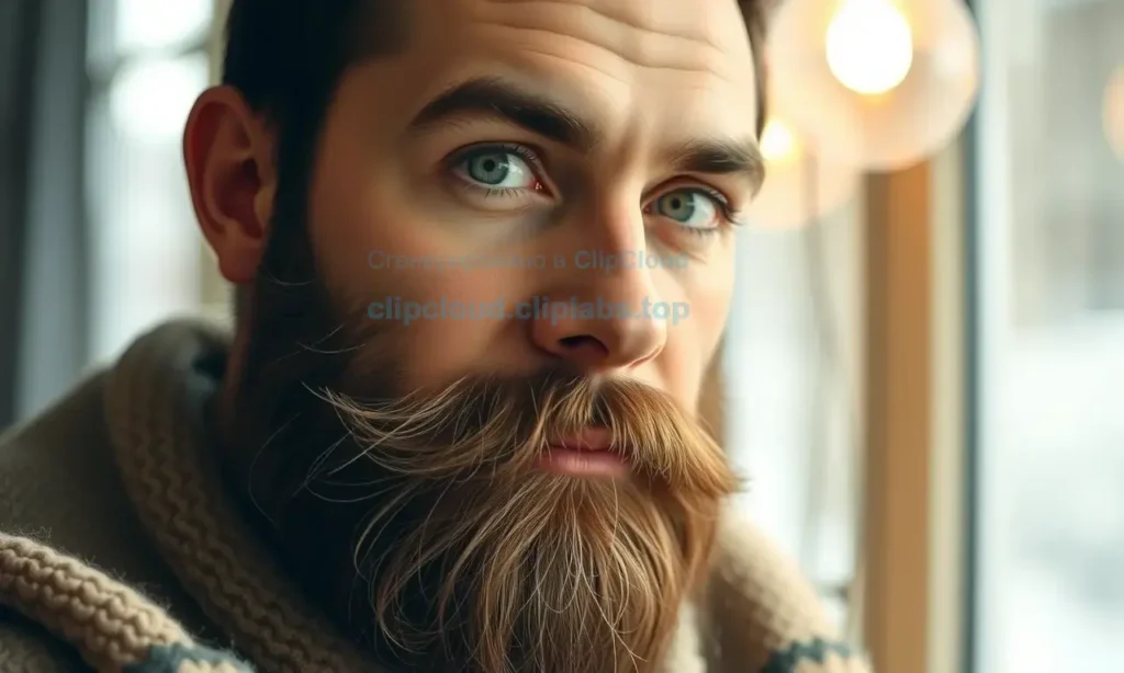 A close-up, high-quality portrait of a man with a well-groomed, thick beard, looking directly at the camera with a confident expression. The setting is a cozy, warm indoor environment, perhaps near a window with soft, diffused winter light, to contrast with the cold outside. The focus is on the healthy, hydrated texture of the beard, emphasizing care and vitality during winter.