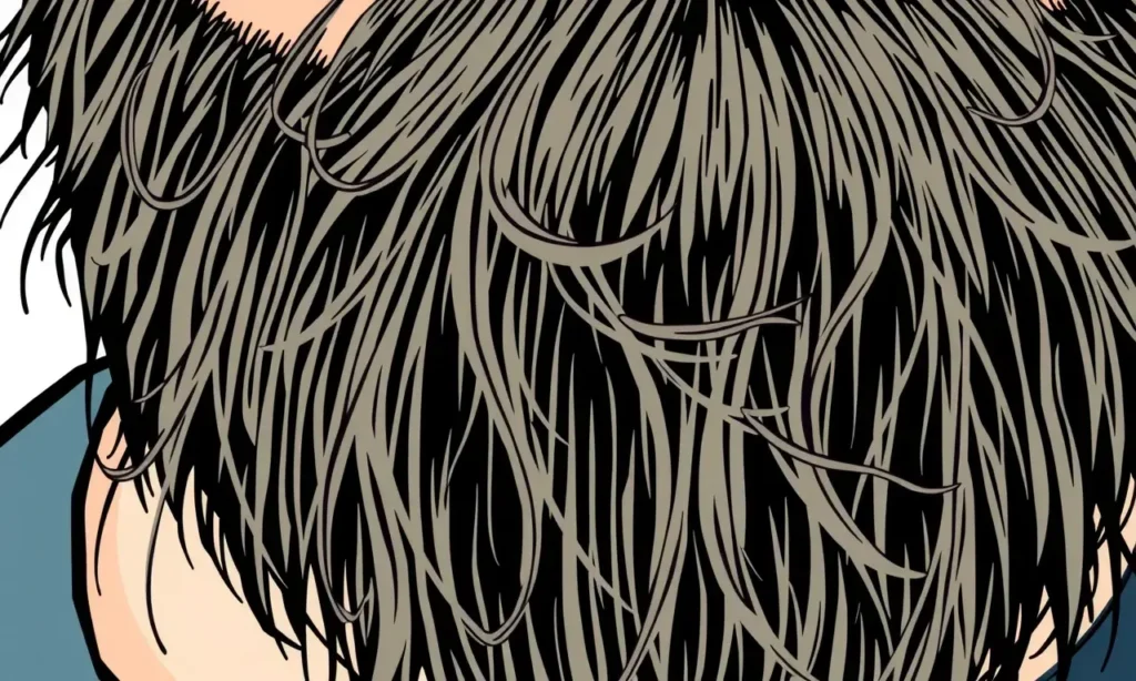 A close-up, detailed illustration of a man's beard, showing individual strands of hair with varying lengths and textures. The beard is full and slightly unkempt, with some hairs pointing in different directions. Focus on the realistic depiction of the hair's texture and individual strands.