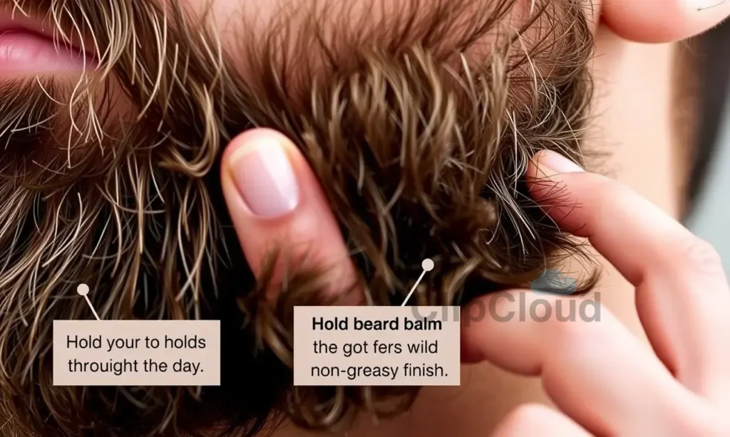 A close-up of a beard with beard balm applied, showing the product's texture and how it holds the beard's shape throughout the day. Include subtle details like a man's hand adjusting the beard to demonstrate the product's hold and flexibility. Use natural lighting to highlight the beard's softness and the balm's non-greasy finish.