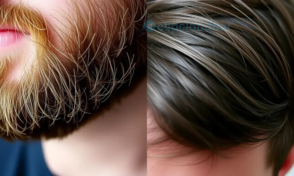 Close-up of a man's beard and head hair, side-by-side comparison. The beard should appear dense and slightly rough, while the head hair should appear softer and smoother. Focus on the texture difference. Natural lighting, neutral background.