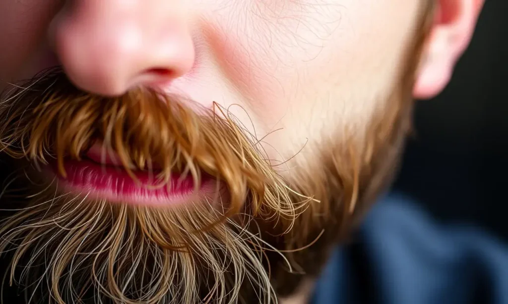 A close-up, detailed image of a man with a well-groomed beard. The beard should appear soft and healthy, with no visible prickliness. Focus on the texture of the beard, showcasing its smoothness and density. The man's face should be partially visible, conveying a sense of comfort and contentment. Soft, natural lighting.