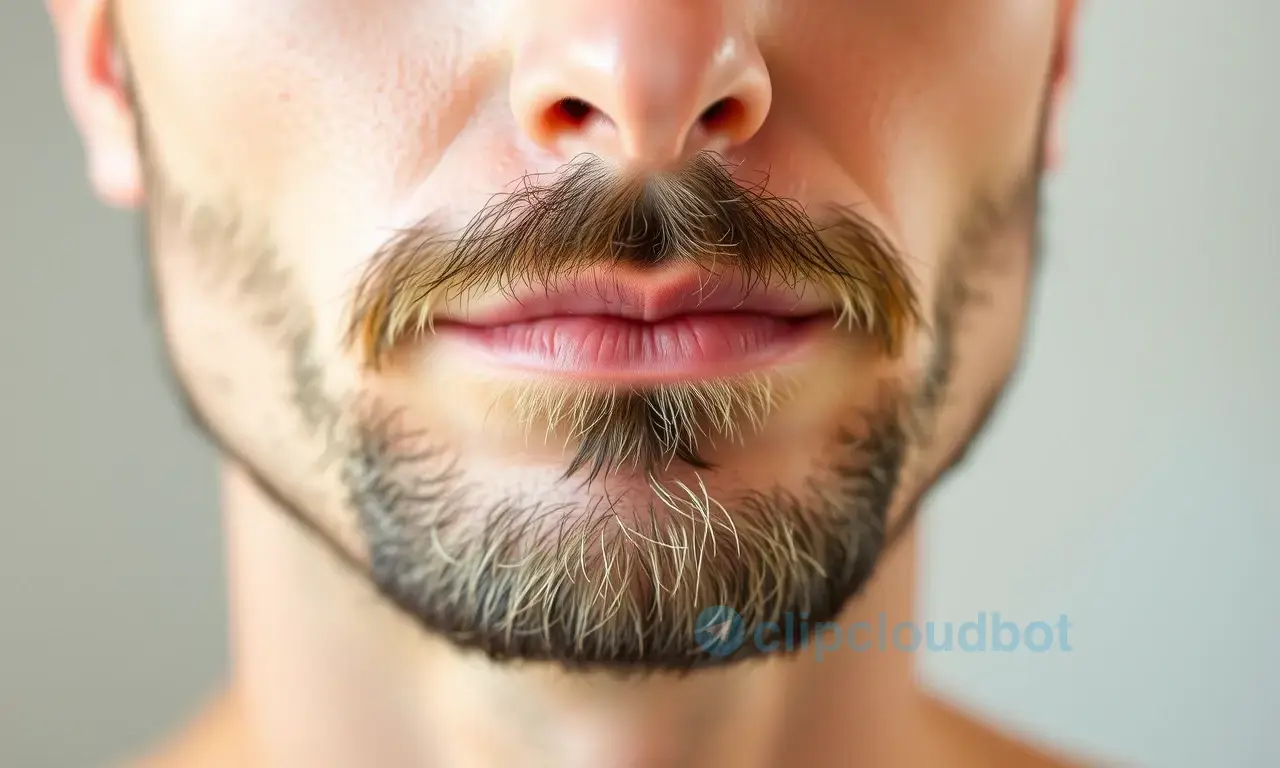 A close-up of a man's face showing early stages of beard growth with soft, fine stubble that appears gentle and not harsh, natural lighting, realistic skin texture, no sharp edges or aggressive hair, neutral background