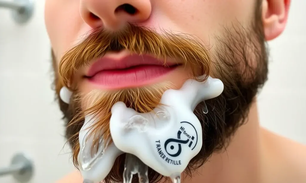 A close-up shot of a man's face with a well-groomed beard, showing the process of washing the beard with water and soap. The focus is on the clean, hydrated look of the beard after washing, with no visible wax residue or film. The background is a clean, modern bathroom setting.