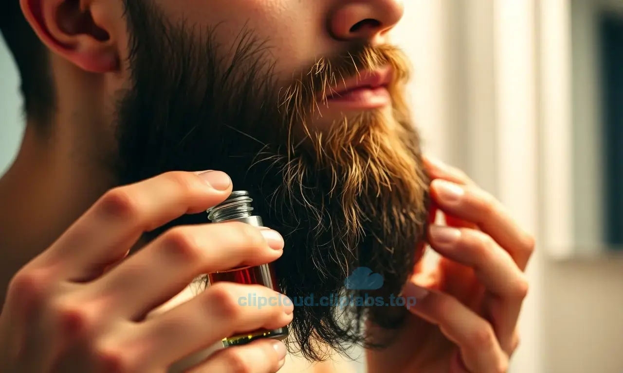 A high-quality, close-up shot of a man with a well-groomed, full beard applying beard oil. He is holding a small, elegant glass dropper bottle and carefully applying the oil to his beard. The lighting is soft and warm, highlighting the texture of the beard and the sheen of the oil. The background is a clean, modern bathroom setting, slightly out of focus to keep the attention on the subject. The overall mood is one of care, grooming, and daily routine.