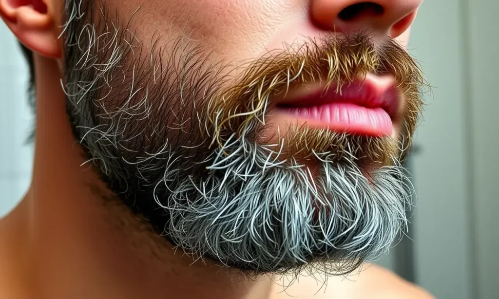 A close-up, high-quality photograph of a man's lower face and neck, focusing on the skin beneath the beard. The skin shows clear signs of dryness and flaking (desquamation), particularly around the jawline and chin, indicating irritation or a skin condition. The beard is well-groomed but the underlying skin texture is rough and peeling. The lighting is soft and natural, highlighting the texture of the skin. The background is a neutral, out-of-focus bathroom setting.