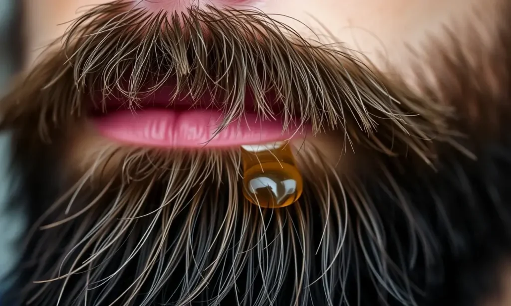 A close-up of a well-groomed man's beard with a few drops of beard oil glistening on the hair, showing a subtle oily sheen but no excessive greasy shine, natural lighting, realistic texture, high quality, 1280x720