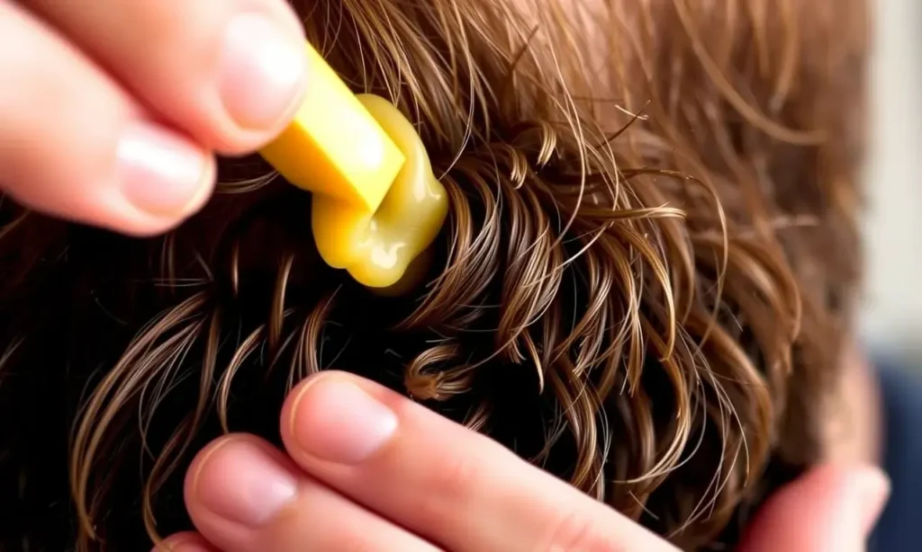 A close-up, detailed image of a man's beard being styled with beard wax. The wax is being applied to the beard, showing the texture and consistency of the product. Focus on the beard's texture and the wax's application.