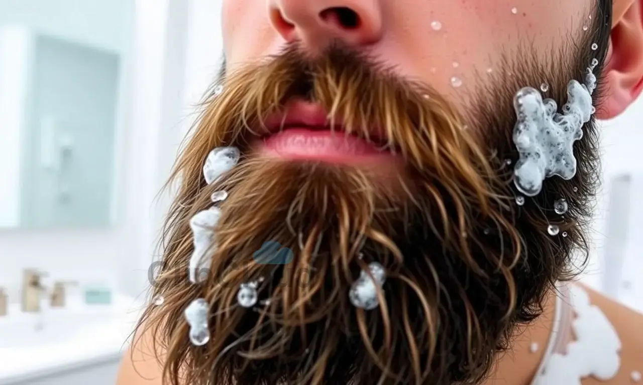 A close-up of a man with a thick, well-groomed beard, showing the texture and details of the beard. The man appears to be in the process of washing his beard with shampoo, with suds visible. The background is a clean, modern bathroom with a white sink and a mirror. The focus is on the beard and the washing process, highlighting the potential issues with cleaning.