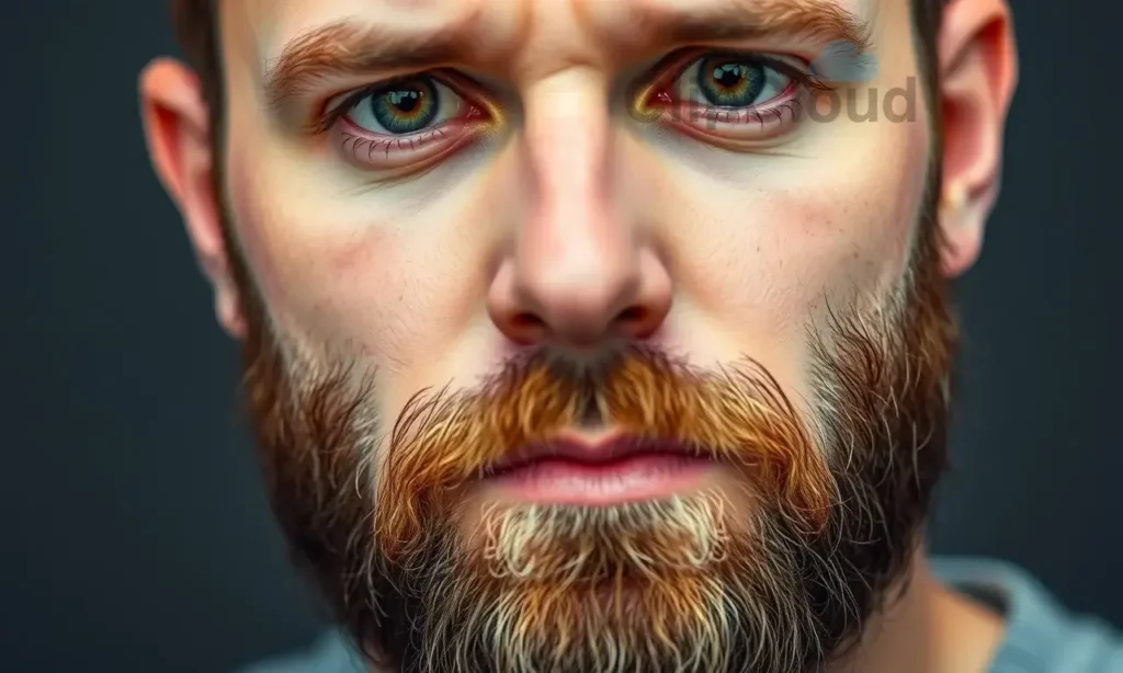 A close-up, high-quality portrait of a man with a well-groomed beard, looking directly at the camera with a neutral, slightly concerned expression. The lighting is soft and even, highlighting the texture of the facial hair. The background is a clean, out-of-focus studio setting to emphasize the subject.