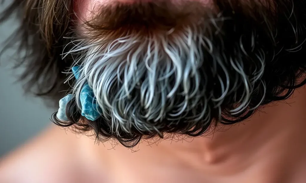 Close-up image of a man with a beard, showing flaky skin underneath the beard. Focus on the texture of the skin and the flakes. Soft, natural lighting.