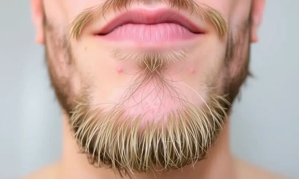 A close-up of a person's face with dry, flaky skin under the beard after a shower. The skin should appear slightly red and irritated, with visible flakes. The beard should be neatly trimmed and the background should be neutral and out of focus to keep the attention on the skin condition.