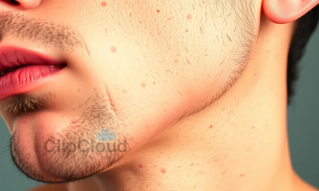 A close-up, high-quality shot of a man's face showing the jawline and neck area. The skin appears slightly red and irritated, indicating recent shaving or trimming. The focus is on the texture of the skin to illustrate dryness and potential irritation from grooming tools.