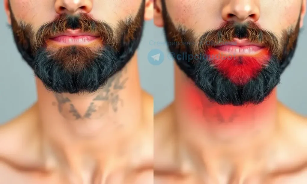 A realistic portrait of a man with a well-groomed beard, focusing on the skin underneath the beard. The image shows two side-by-side sections: on the left, the skin under the beard appears healthy, smooth, and hydrated; on the right, the skin looks irritated, red, flaky, and congested, indicating overuse of cosmetic products. The background is neutral and blurred, emphasizing the facial details without any text or logos.