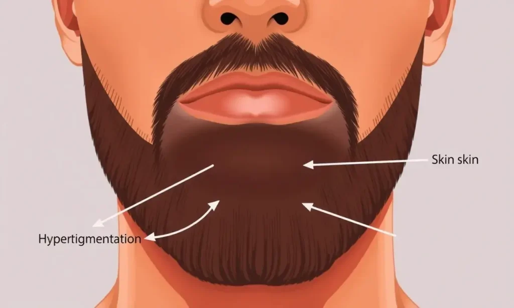 A close-up illustration of a man's face showing the skin under the beard being noticeably darker than the surrounding facial skin, with clear visual contrast highlighting the hyperpigmentation area, educational diagram style with labeled skin regions