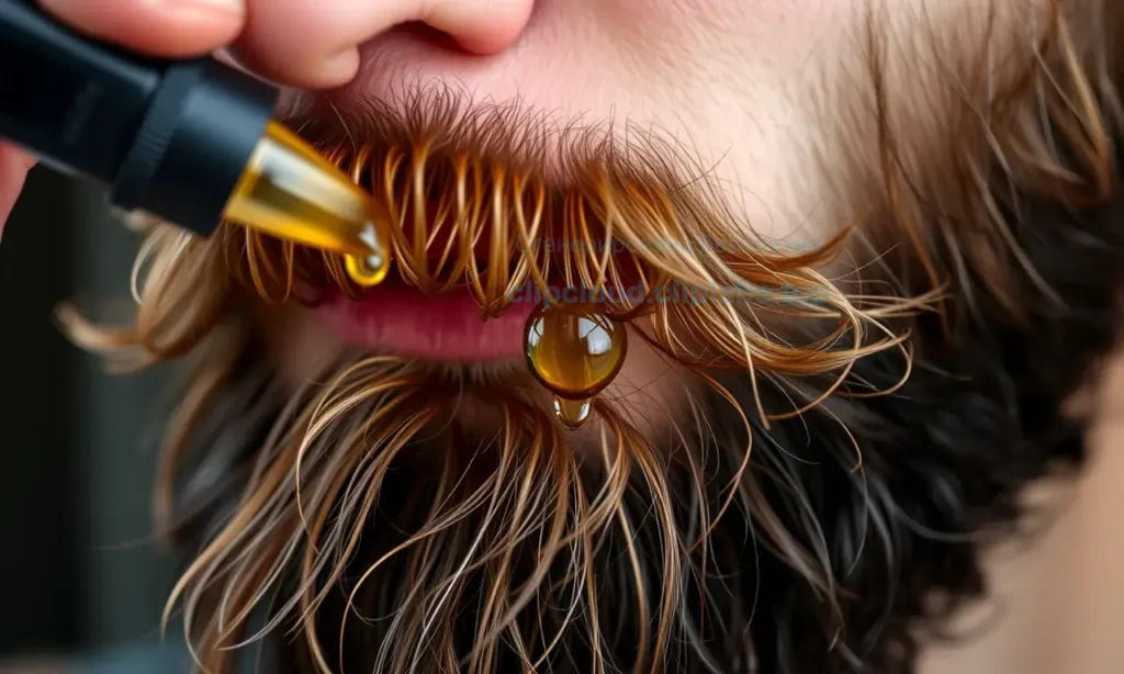 A close-up, high-quality shot of a man with a well-groomed beard applying beard oil. The focus is on the texture of the beard and the droplet of oil being applied, highlighting the care and maintenance aspect. The lighting should be soft and natural, emphasizing the healthy appearance of the hair.